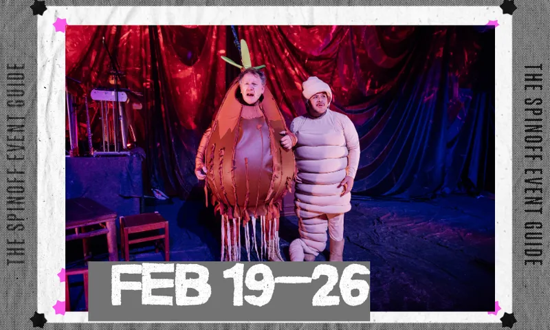 A promotional banner for The Event Guide which shows a photo of a stage show called The Worm in which one actor is dressed as a worm and another as a fruit.