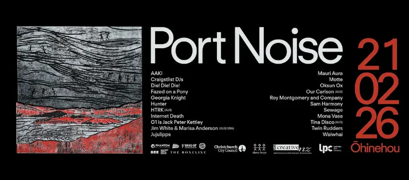 A promotional banner for Port Noise music festival which has text in red and white, listing the musicians participating.