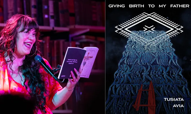 Poet Tusiata Avia reading aloud from her poetry collection; she is animated, has long hair and is wearing a bright red dress. There are bookshelves behind her and the lighting is deep red and blue. Beside the photo is the cover of Avia's latest book called Giving Birth to My Father.