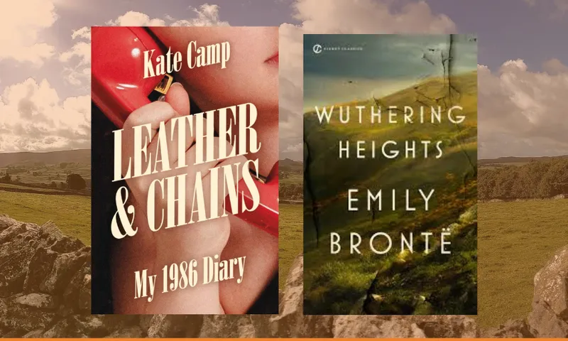 Two book covers side by side with a photo of yorkshire moors in the background, with a slight red tint.