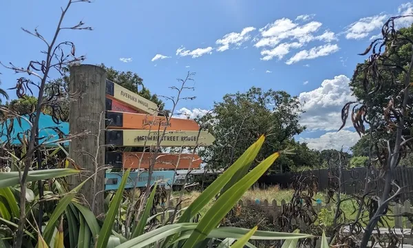 a harakeke bush filled with signs for different community spaces
