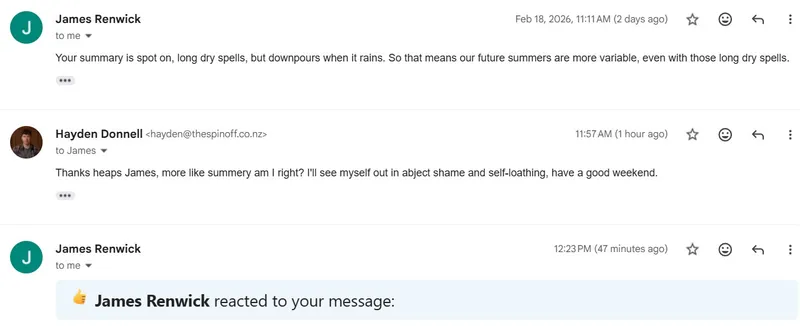 A screenshot of an email thread shows James Renwick discussing variable summer weather, Hayden Donnell replying humorously about summers, and a notification that James Renwick reacted to a previous message.