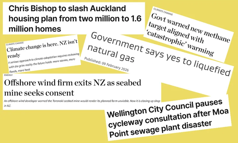 A collage of New Zealand news headlines about environmental and infrastructure issues, including methane, housing, wind farms, sewage, and climate change, arranged at various angles on a yellow background.