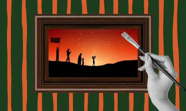 A hand holding a paintbrush paints a framed silhouette of four people, one holding a flag, on a hill at sunset with stars in the sky. The background is striped green and orange.