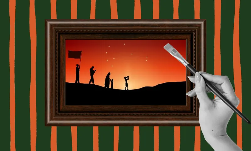 A hand holding a paintbrush paints a framed silhouette of four people, one holding a flag, on a hill at sunset with stars in the sky. The background is striped green and orange.