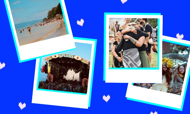 A collage of Polaroid-style photos: a crowded beach, people hugging at an outdoor event, a music festival stage labeled "Splore," and two people wearing flower crowns sitting by a tree, on a blue background with white hearts.