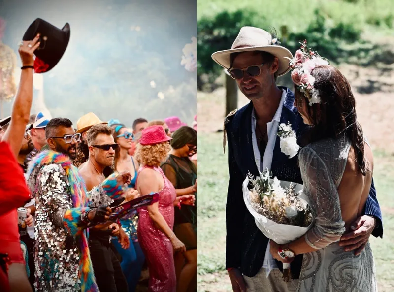 Split image: On the left, people in colorful costumes and hats dance at a lively outdoor festival. On the right, a couple in wedding attire—bride holding a bouquet, groom in a hat—stand close together outdoors.