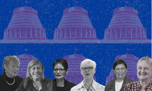 Six women are shown in black and white at the bottom of the image, with a blue and purple illustrated background featuring multiple stylized domes resembling the New Zealand Beehive.