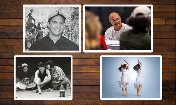 a collage of four photos showing a man smiling in two and performers rehearsing a play in the other two