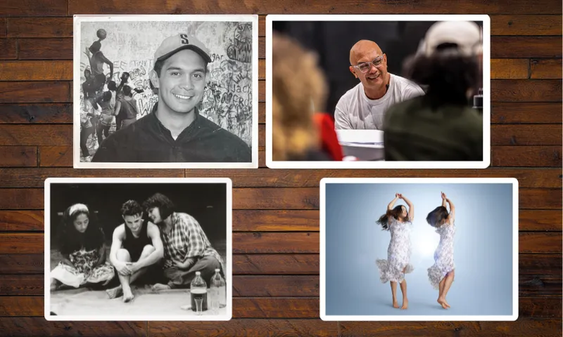 a collage of four photos showing a man smiling in two and performers rehearsing a play in the other two
