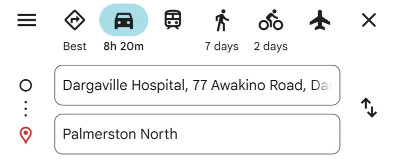 A route planning app showing a car journey from Dargaville Hospital, 77 Awakino Road, to Palmerston North, with an estimated travel time of 8 hours 20 minutes. Other transport options and icons are visible above.