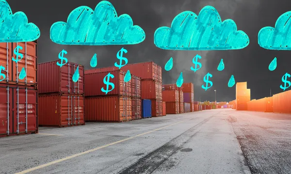 container ships with pen rainclouds dropping money