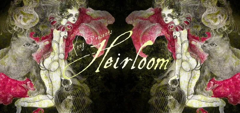 A banner with the word Heirloom in cursive script, with surreal sketches of cats and women with jester ruffles behind it.