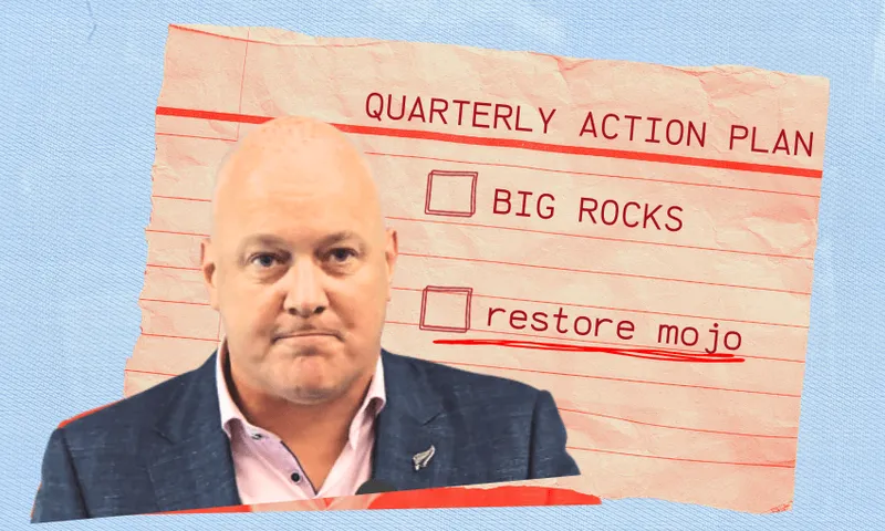A bald man in a suit stands in front of a notecard labeled "Quarterly Action Plan" with checkboxes for "BIG ROCKS" and "restore mojo," the latter underlined in red. The background is blue and textured.