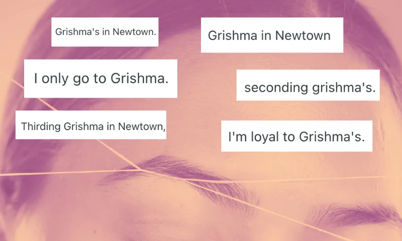a collage of comments from online reddit users recommending "Grishma" as an eyebrow threader