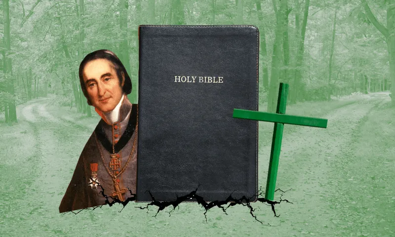 A painting of a man in historical clothing, a large Holy Bible, and a green cross appear on a cracked ground with a green-tinted forest and a forked path in the background.