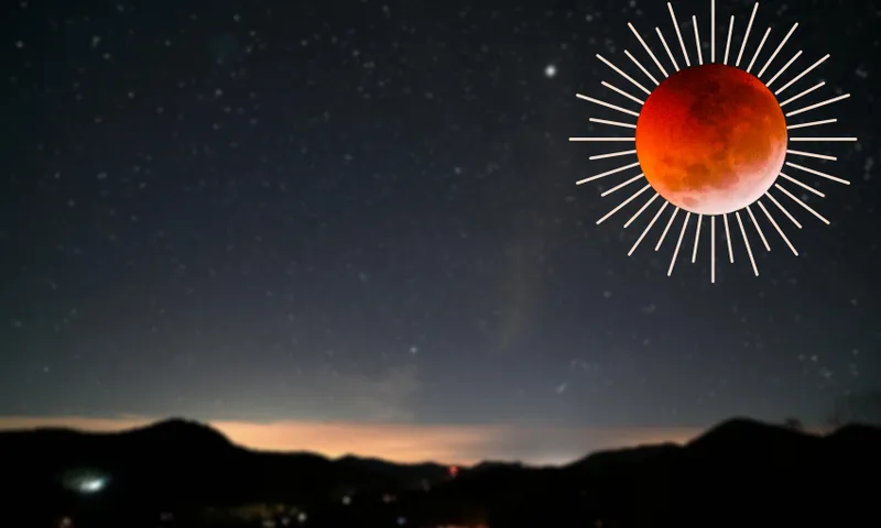 a night sky with a red moon imposed on it and bright lines coming out of it