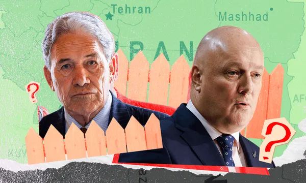 Two men in suits appear on either side of a wooden fence illustration, with a map showing Tehran and Mashhad in the background. Red question marks are near each man, suggesting uncertainty or questioning.