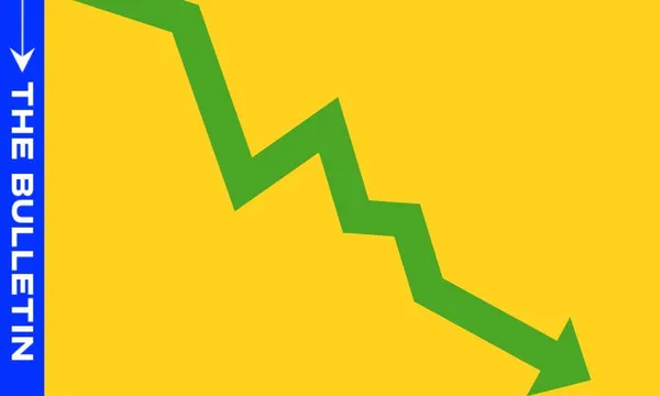 A green, downward-pointing zigzag arrow on a yellow background suggests decline. A blue vertical bar on the left side displays the words "THE BULLETIN" in white text.