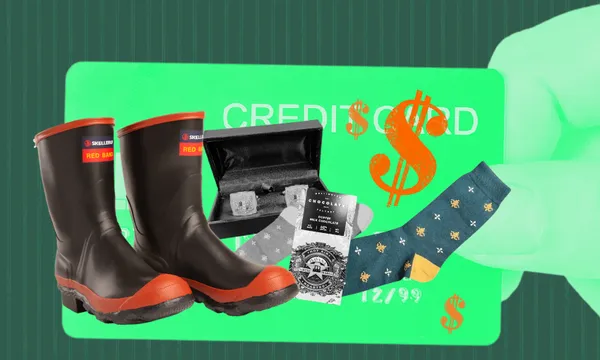 A hand holds a green credit card in the background, while gumboots, a box of ice cubes, chocolate, and a pair of socks are displayed in the foreground with orange dollar signs overlaying the image.