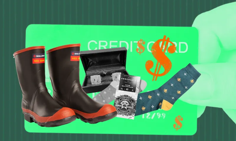 A hand holds a green credit card in the background, while gumboots, a box of ice cubes, chocolate, and a pair of socks are displayed in the foreground with orange dollar signs overlaying the image.