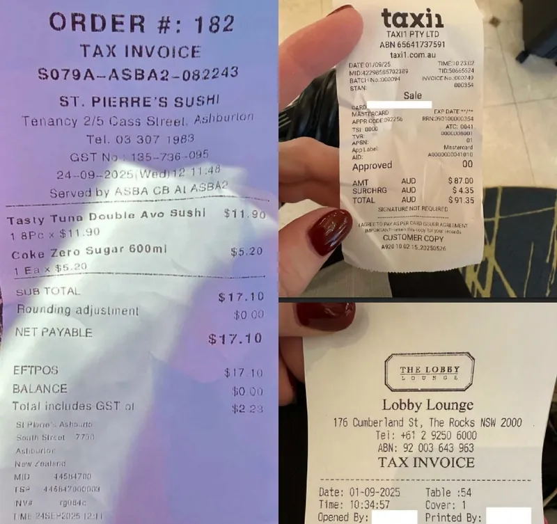 A collage of three receipts: sushi restaurant order, taxi fare, and a cafe bill. Each shows itemized charges, dates, and locations, with text details visible but some sensitive information blurred for privacy.