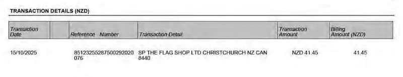 A bank statement showing a transaction dated 15/10/2023 for SP THE FLAG SHOP LTD Christchurch NZ, with a reference number and a billing amount of NZD 41.45.
