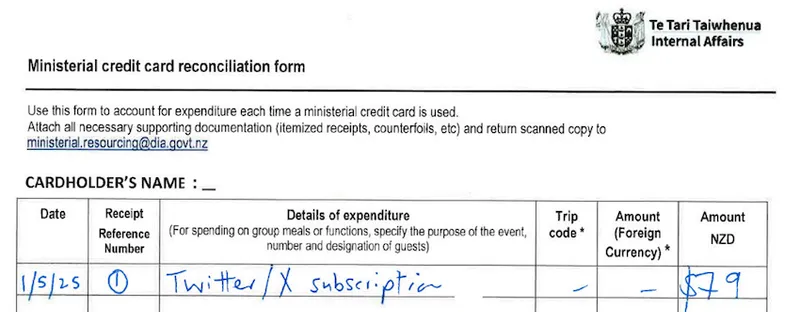 A ministerial credit card reconciliation form with handwritten details, showing a Twitter/X subscription dated 1/5/23 and an amount of $8.39 NZD. The form is from Te Tari Taiwhenua, Internal Affairs.