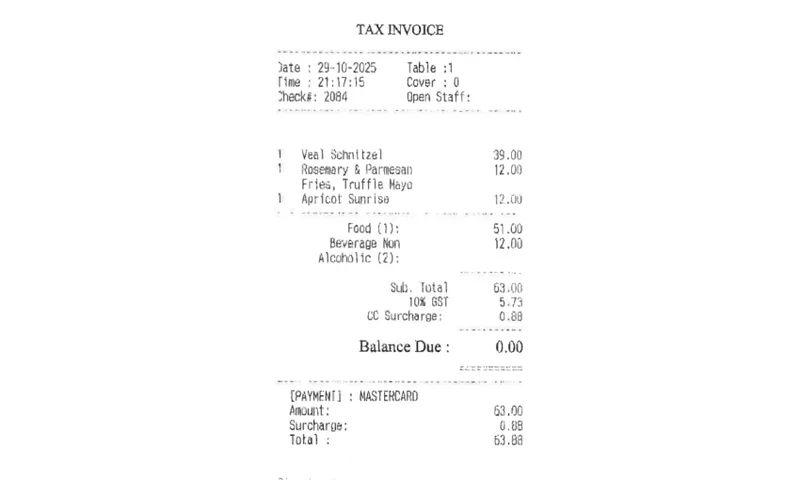 A restaurant tax invoice listing food and drink items, quantities, and prices. The total amount is $63, paid with Mastercard. Tax and surcharge amounts are included. Balance due is 0.00.