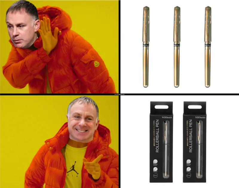 A two-panel meme: Top panel shows a man rejecting a set of three loose pens. Bottom panel shows him happily approving two pens packaged in boxes.