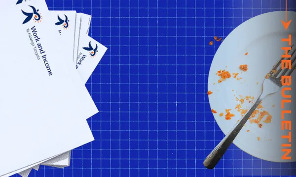 Three Work and Income letters sit on a blue grid surface next to a white plate with crumbs and a fork; “THE BULLETIN” is written vertically in orange on the right side of the image.