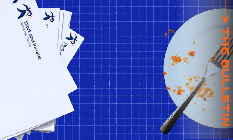 Three Work and Income letters sit on a blue grid surface next to a white plate with crumbs and a fork; “THE BULLETIN” is written vertically in orange on the right side of the image.