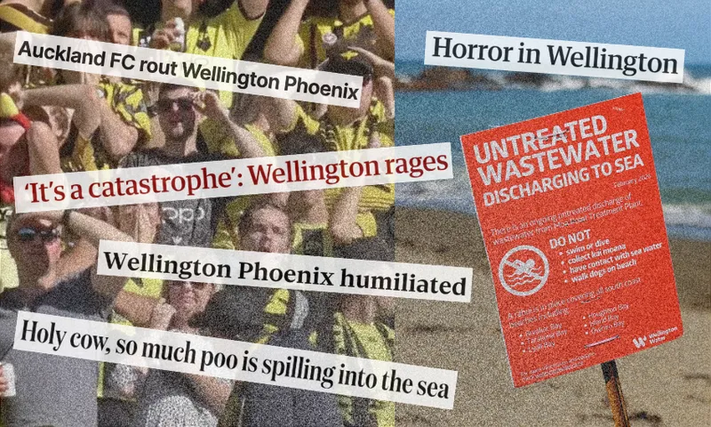 A collage showing cheering football fans in yellow, a red warning sign about untreated wastewater discharging to sea, and newspaper headlines about Wellington's wastewater problems and football matches.