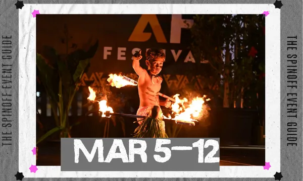 A photo of a young Pasifika boy dancing with fire, within a frame.