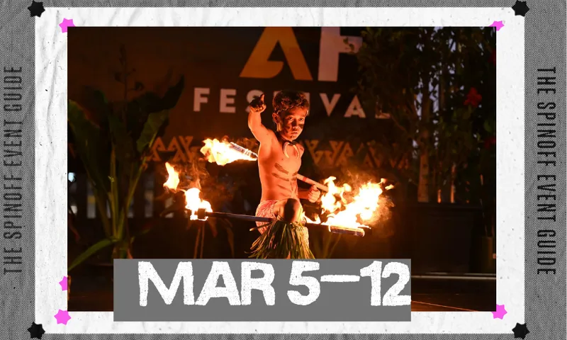 A photo of a young Pasifika boy dancing with fire, within a frame.