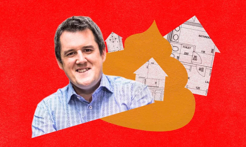 A man in a blue checkered shirt smiles in front of a red background with house icons, floor plans, and an abstract brown shape behind him.