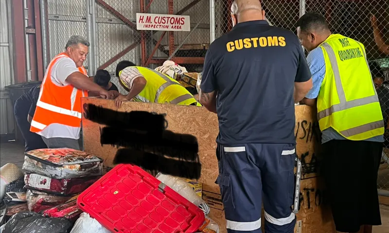 A photo of a cluttered customs table surrounded by customs staff in hi-vis gear searching the packages.