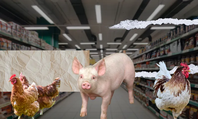a dark supermarket with some pigs and chickes superimposed on top