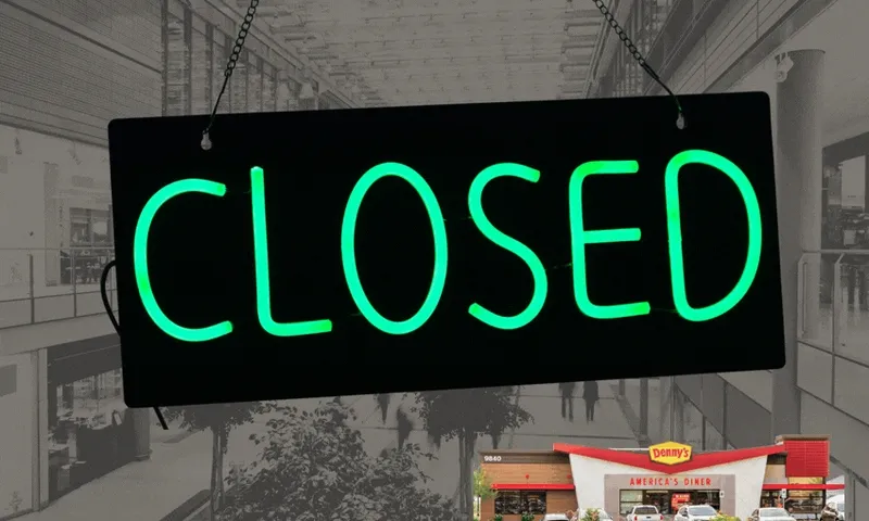 A large green neon "CLOSED" sign hangs prominently, with the faded background of a shopping mall and a small image of a Denny’s Diner storefront at the bottom.