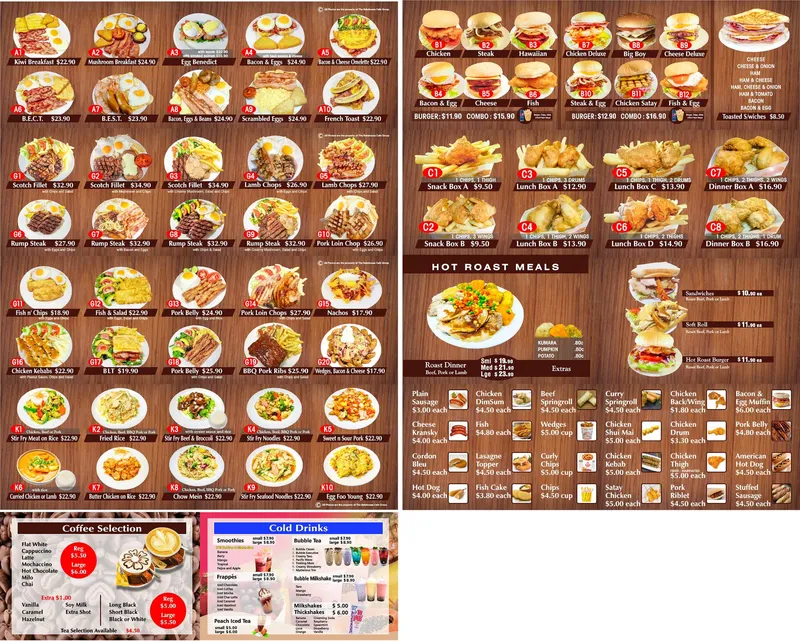 A restaurant menu with photos and prices of various breakfast dishes, burgers, hot roast meals, fried foods, salads, coffee options, milkshakes, and cold drinks on a wooden background.
