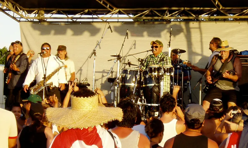A band performs on an outdoor stage with various instruments, including guitars, saxophone, and drums, as a crowd of people watches, some wearing hats and summer clothing.