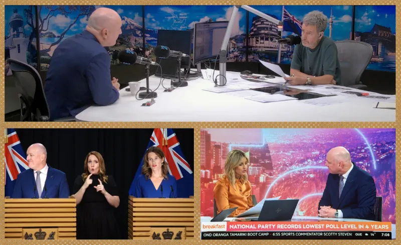 A collage of three images: two men speak in a radio studio (top), two politicians stand at a podium with a sign language interpreter between them (bottom left), and a news anchor interviews a bald man on live TV (bottom right).