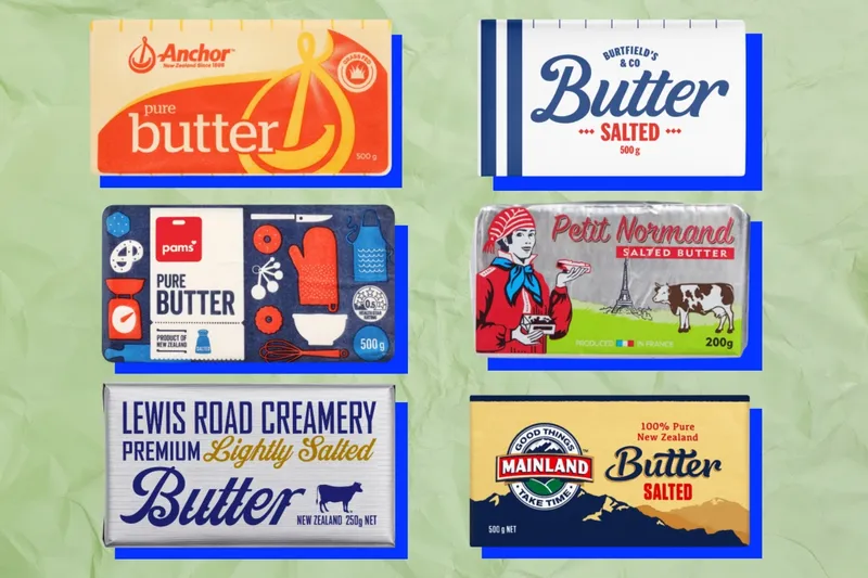 Blocks of butter from Anchor, Burtfield's, Pams, Petit Normand, Lewis Road Creamery and Mainland.