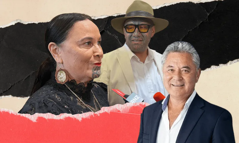 Three people are pictured against a torn paper collage background: a woman and two men, all with traditional Māori facial tattoos. One man wears a hat and sunglasses; the other, in a suit, smiles at the camera. Microphones are visible.