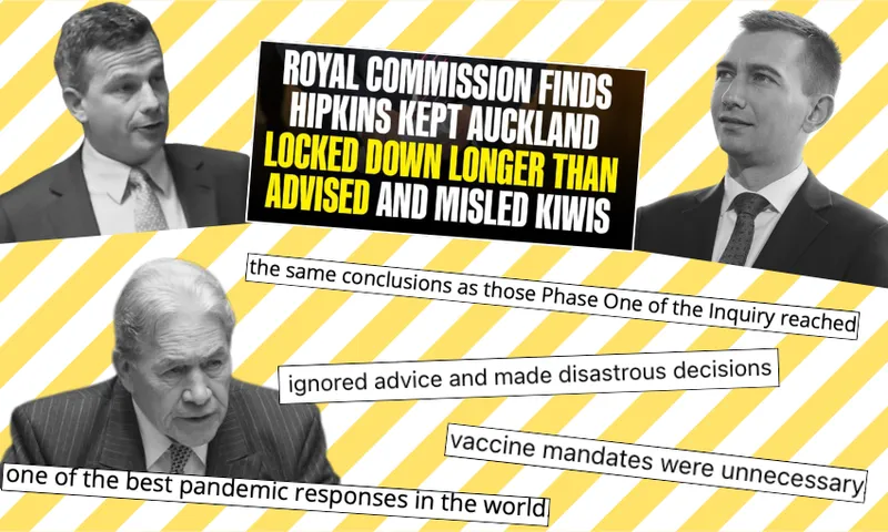 Three men in suits are shown with bold text stating, "Royal Commission finds Hipkins kept Auckland locked down longer than advised and misled Kiwis," along with phrases criticizing pandemic decisions on a yellow striped background.