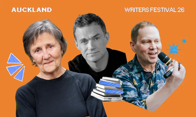 Three writers' photos side by side on an orange background with bookish icons scattered.