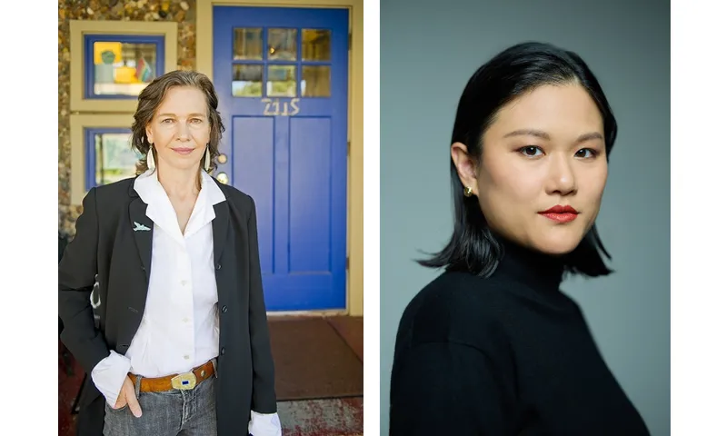 Two photos side by side: the first is of Louise Erdrich who is a middle aged woman of indigenous American whakapapa; and Karen Hao who is a young Asian woman.