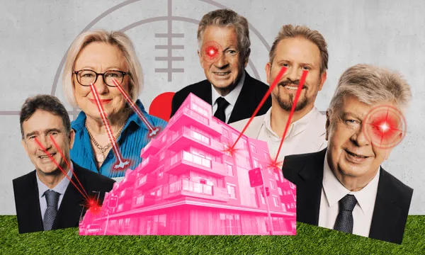 Five professionally dressed adults with red laser beams coming from their eyes target a bright pink building in the center; a faint football diagram appears in the background on a gray wall.