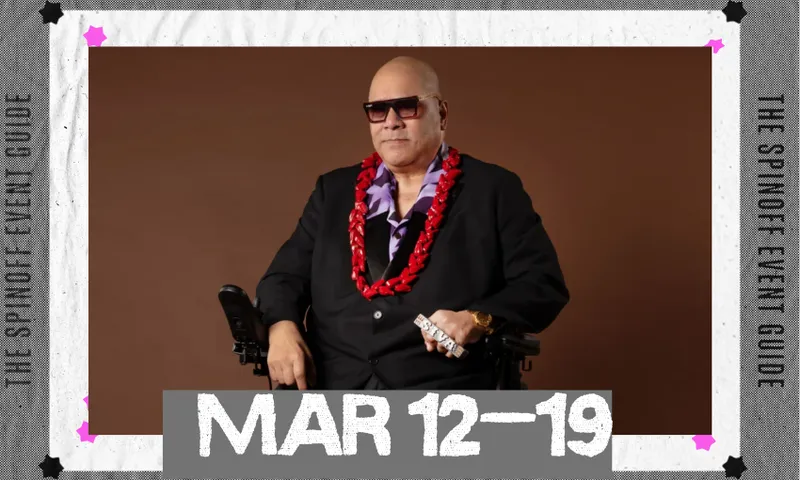A photo of musician Fonotī Pati Umaga who is wearing black and sunglasses.