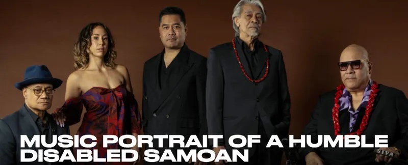 A photo of five Pasifika people standing side by side, all dressed as if going somewhere important, and looking at the camera.